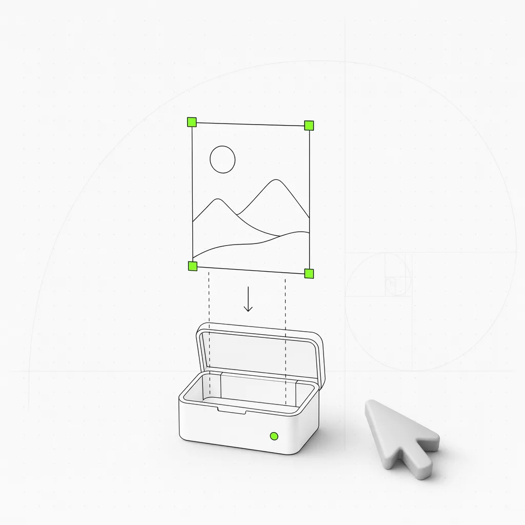 Un frame de design extrait d'un canvas et déposé dans une boîte de module portable, sélectionné dans un cadre vert sur un fond éditorial presque blanc