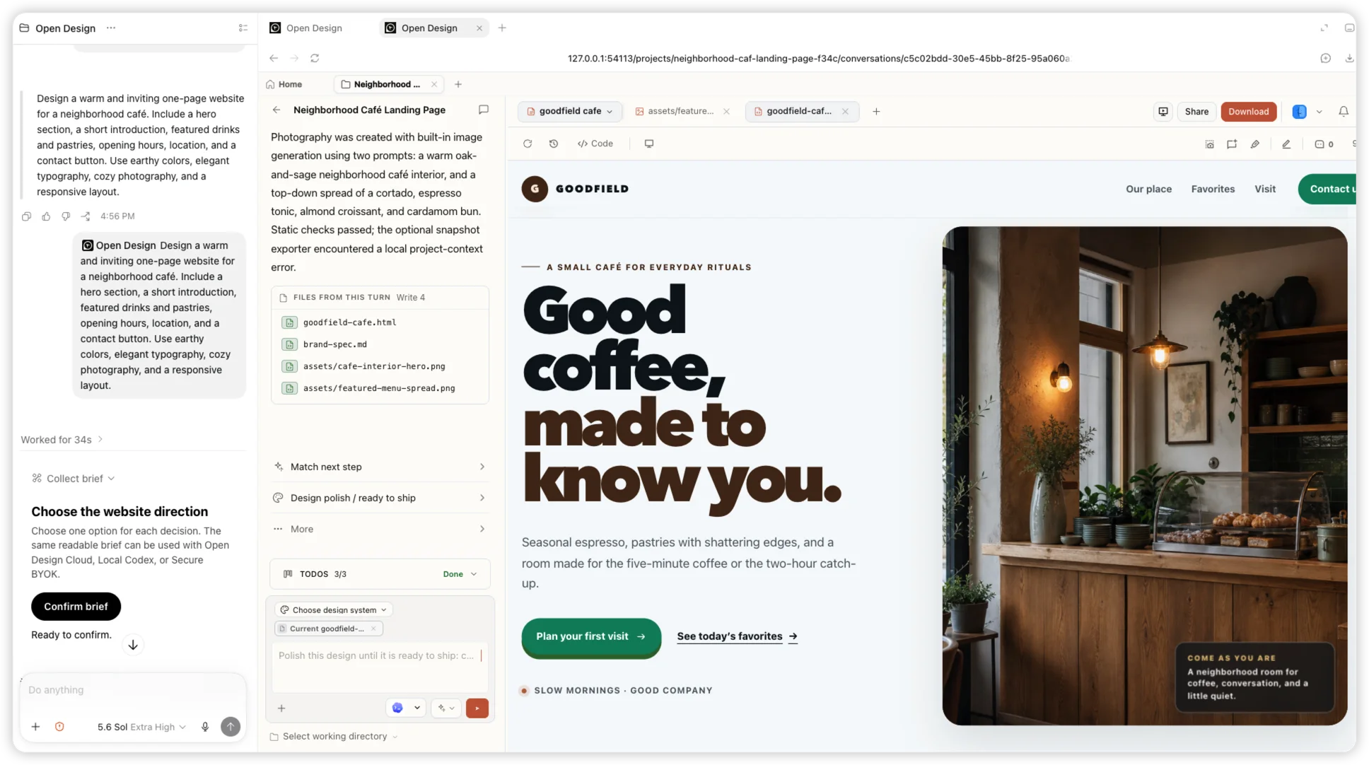 Eine echte Codex-Aufgabe mit dem OpenDesign Plugin neben der fertigen Goodfield-Café-Website