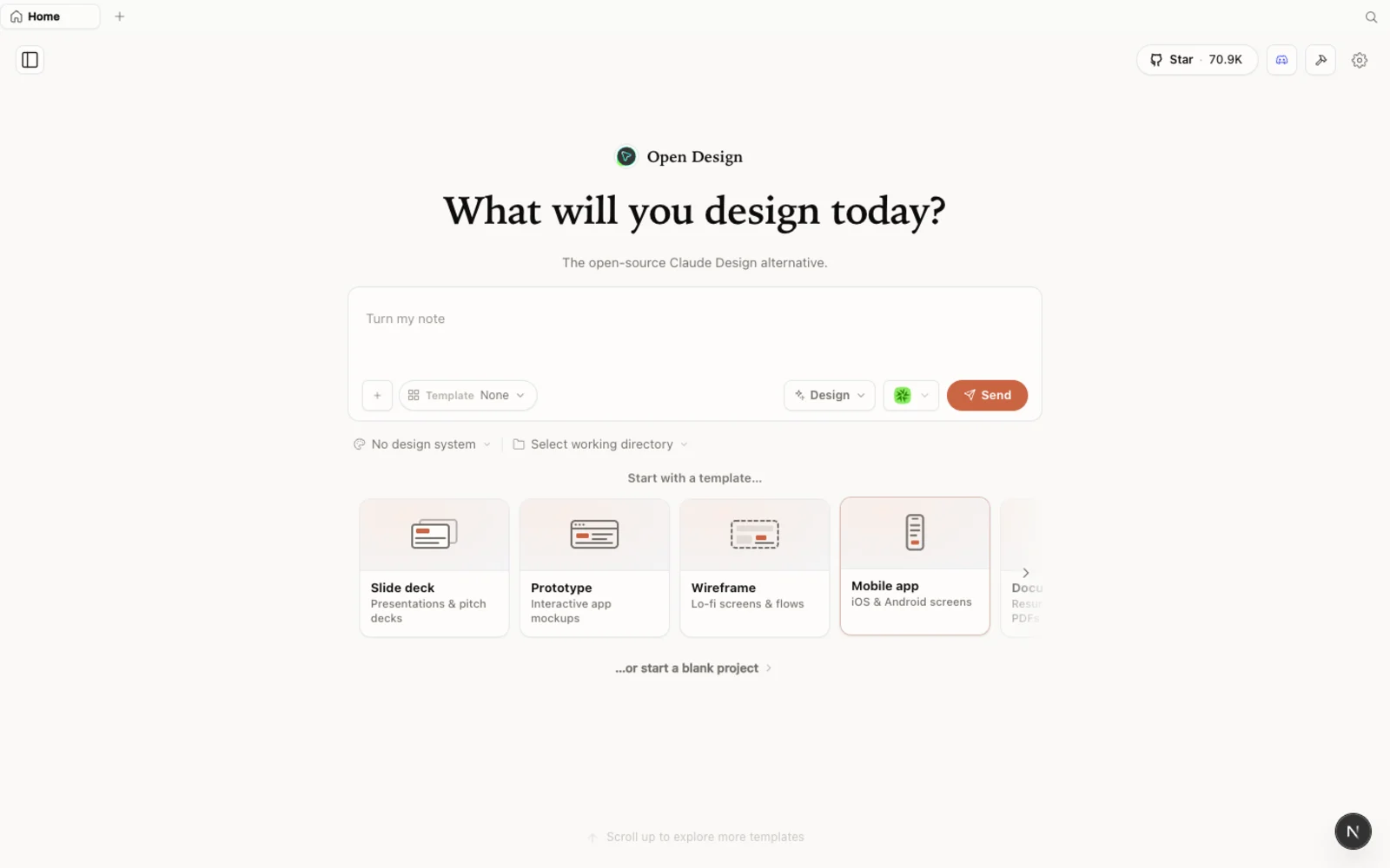 Die Startseite von OpenDesign — eine quelloffene, lokale, agent-native Alternative zu Claude Design.