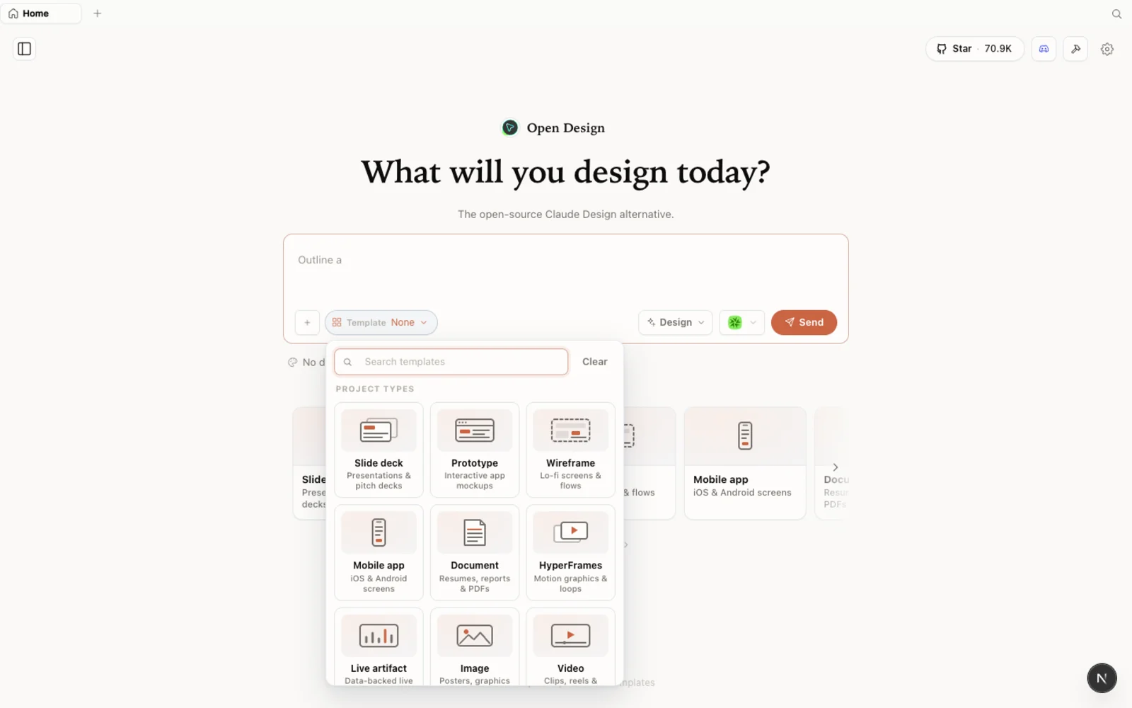 Die Templates-Bibliothek von OpenDesign mit Startpunkten für Prototyp, Bild und Video.